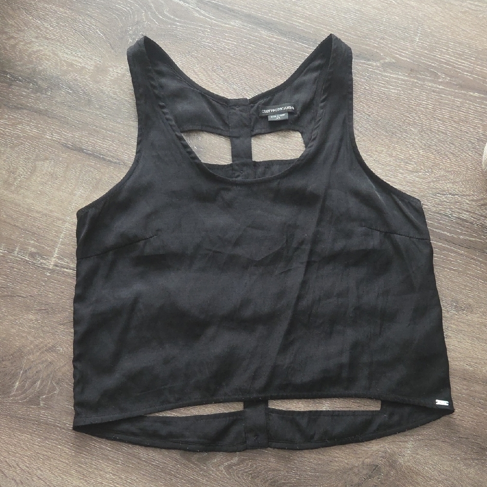 OBEY Propaganda Cut Out Button Down Caged Back Sleeveless Top XS Black